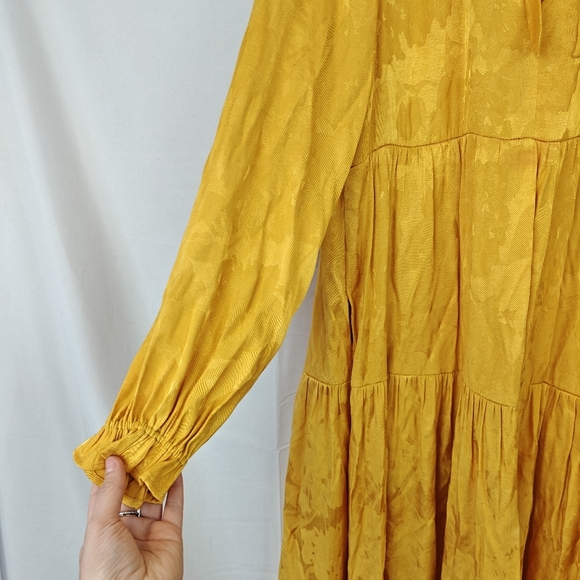 Maeve Anthropologie Maize Yellow Tie Neck Tiered Waist Midi Dress Satin Size XS - Picture 8 of 14